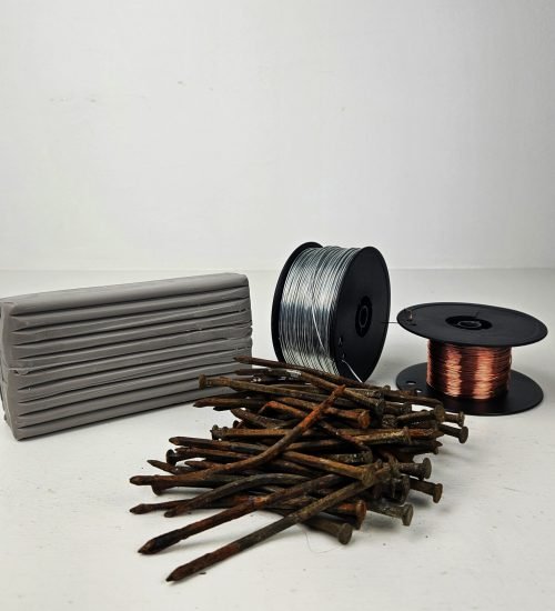 Polymer clay, rusty nails, metal wire